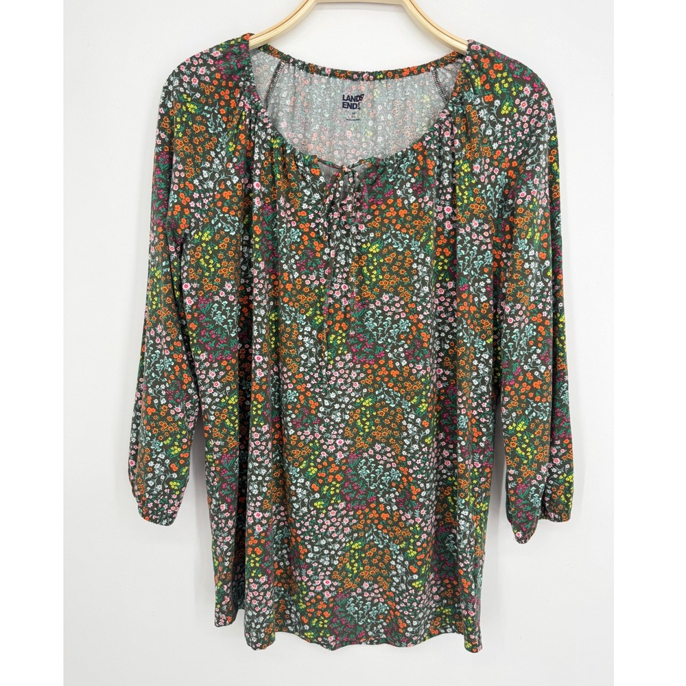Lands' End Floral Peasant Top Medium Green Multi Cottagecore Boho Casual Blouse